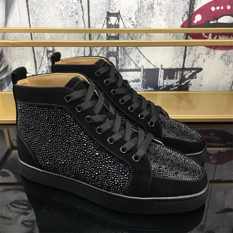 

Luxury Brand Diamonds Crystal Red Bottoms High Tops Tennis Shoes For Men's Black Suede Rhinestone Couple Women's Casual Sneakers