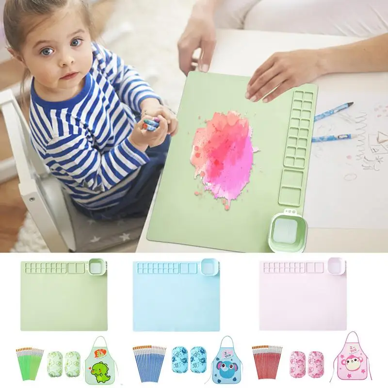 

Kids Art Craft Mat Silicone Painting Mat Portable Mat With Cup Apron Paint Brushes For DIY resin paint Clay Crafts Easy To Clean