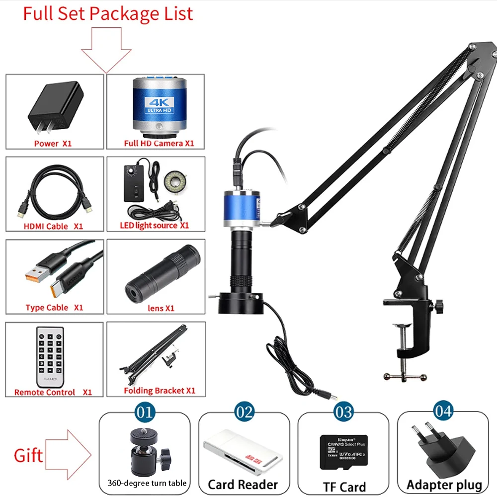 150X 풀 HD 카메라 4K/HDMI 포트 산업용 현미경 조정 가능한 금속 암 ..