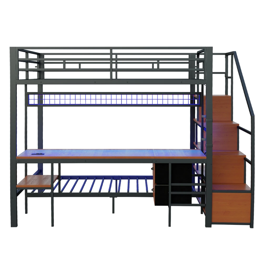Metall-Etagenbett, Multifunktionsbett mit Schreibtisch, LED, Steckdosen, offenem Stauraum und Stoffschubladen, 140*200 cm und 90*200 cm – Detail 11