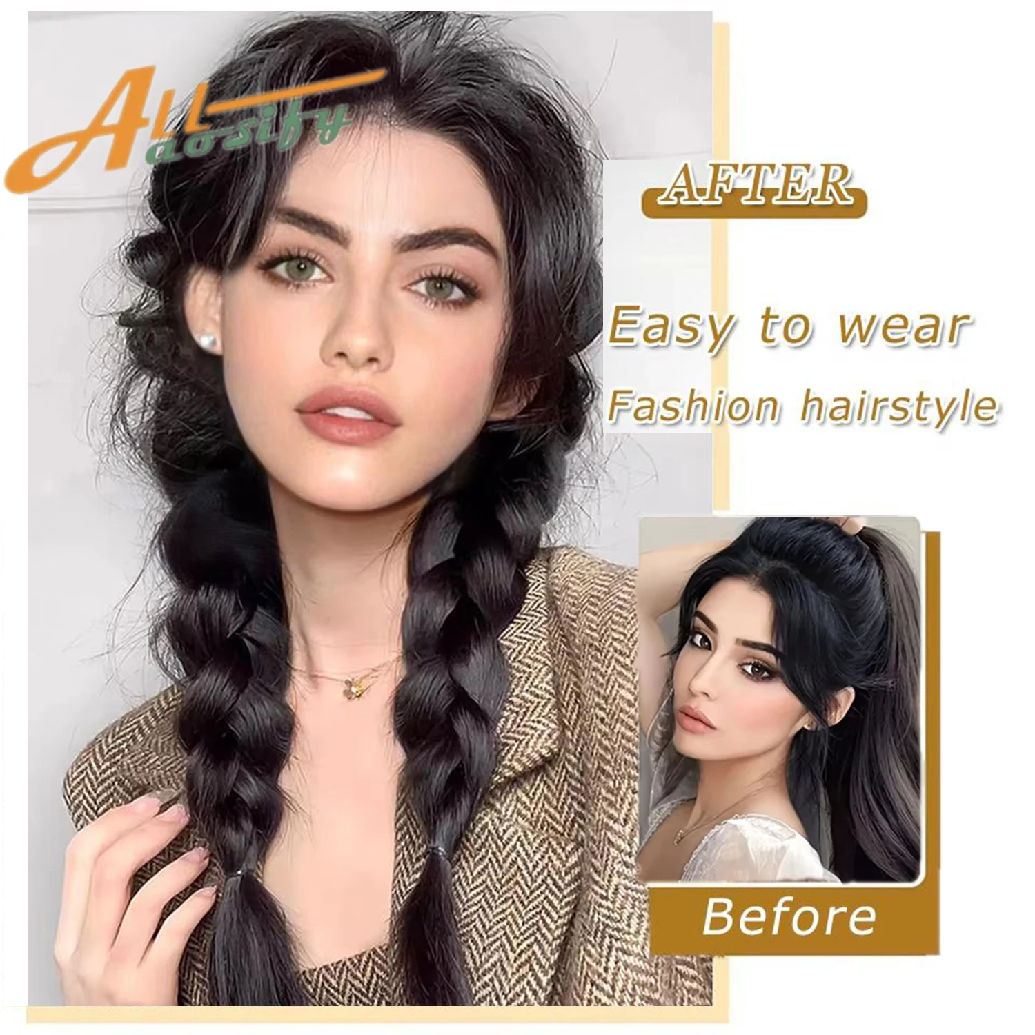 2pcs Long Braided Ponytail for Women Straight Wrap Around Braid Ponytail Extension Synthetic Braids Horse Tail with Rubber Band