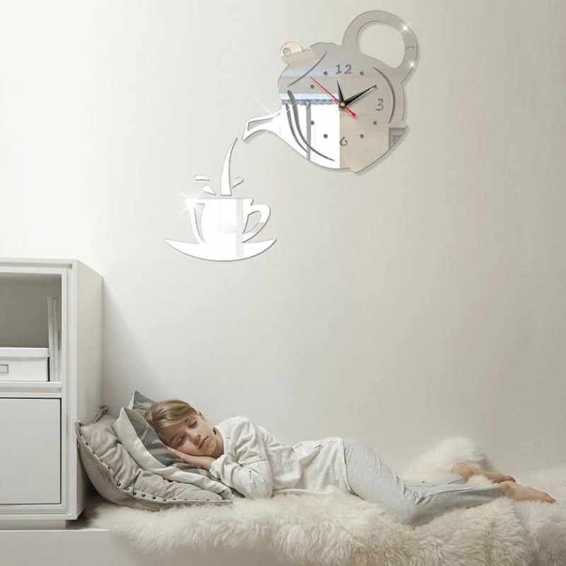 3D DIY Teapot Shape Wall Clock Acrylic Mirror Clock Modern Kitchen Home Decor Wall Sticker Hollow Digital Watch
