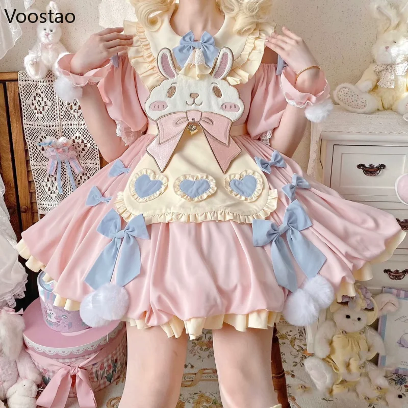 Lolita Dress Japanese Kawaii Lolita OP Dress Women Sweet Cartoon Bunny Bow Princess Party Dress Girls Harajuku Short Sleeve Mini Dress