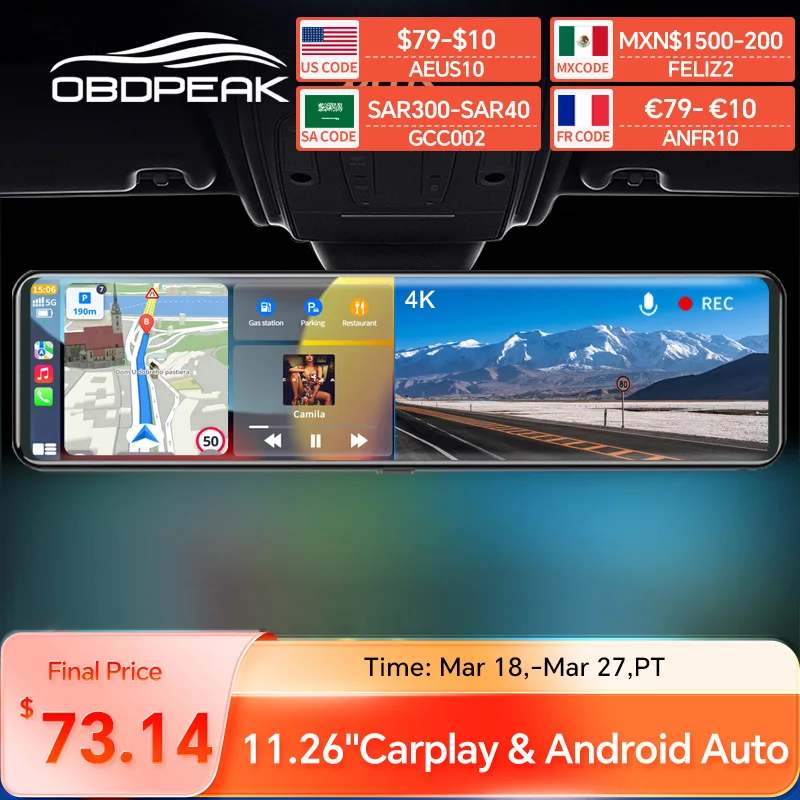 Car Dash Cam K4 11.26 Inch Smart Car Mirror Video Recorder Carplay & Android Auto 4K 2160P Wifi Rearview Camera DVR GPS Navigation Dual Len