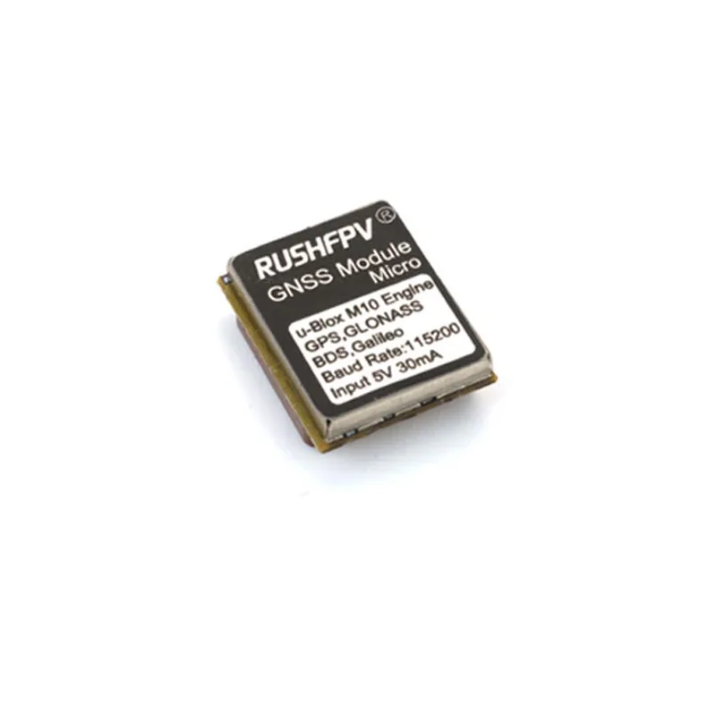 Module GNSS Pro RUSHFPV avec boussole, installé sur un bras de drone FPV, câbles branchés.