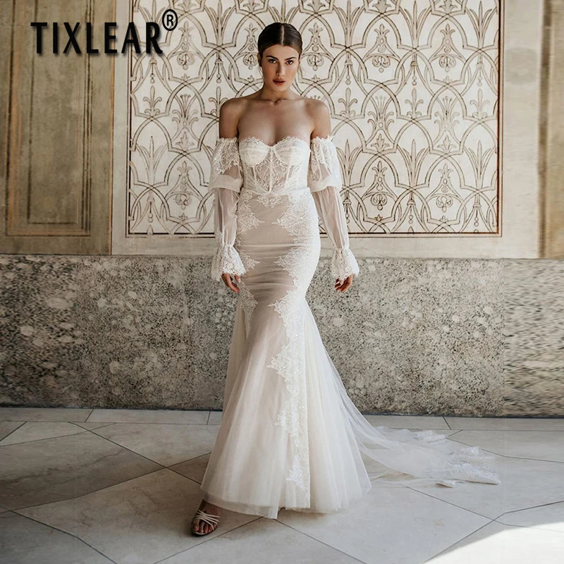 

TIXLEAR Elegant Sheath Wedding Dress Boho Lace Applique Bridal Gown Fashion Puff Sleeves Chiffon Vestidos De Novia Sweep Trian