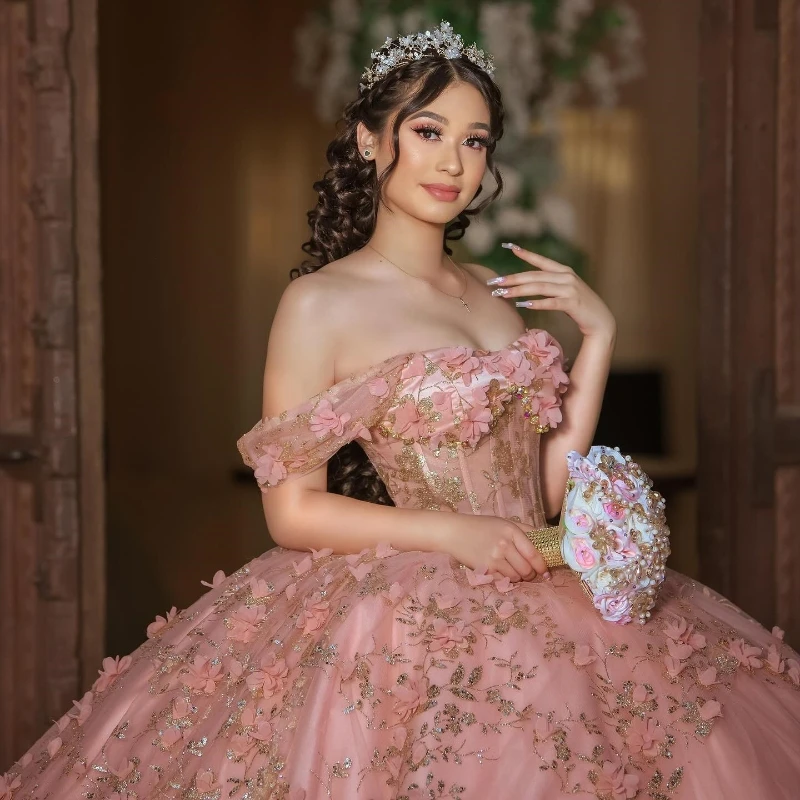 Vestido de baile sem ombro com lantejoulas rosa, vestido Quinceanera, apliques dourados, miçangas de flores, doce, festa de aniversário, vestido formal, 15, 16