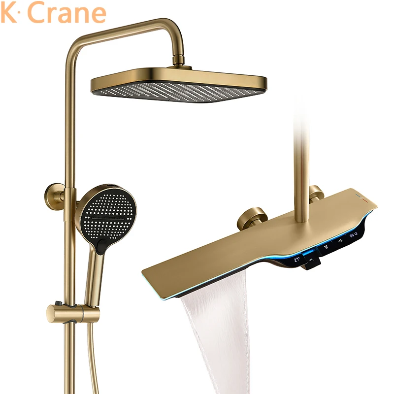 ชุดฝักบัวอาบน้ำแบบติดผนังพร้อมก๊อกผสมน้ำร้อนน้ำเย็นแบบเทอร์โมสแตติก  พร้อมไฟ LED แสดงอุณหภูมิ  สำหรับอ่างอาบน้ำและฝักบัว  รุ่น Brush Gold Rain Shower 1