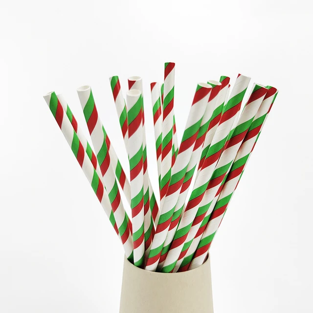 25pcs Disposable Red & Green Stripe Candy Cane Paper Straws