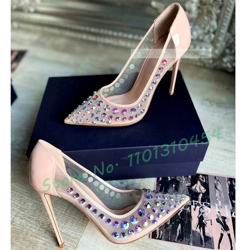 

Pink Tulle Pointy Pumps Women Sparkly Colorful Crystals Decor Stiletto High Heels Ladies Luxury Patchwork Wedding Party Shoes