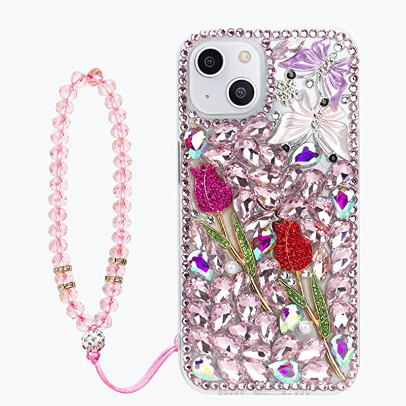 

Luxury Sparkle Diamond Crystal Rhinestone Rose Flower Butterfly Case with Strap for Samsung S20 Plus S21 S22 23Ultra Note20 10