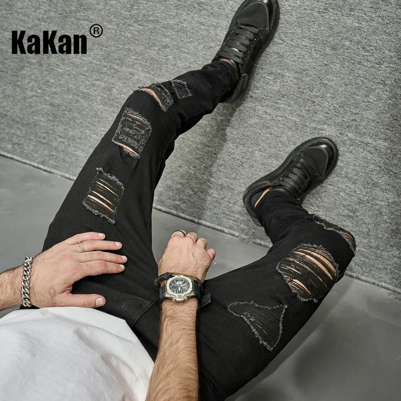 Kakan - European and American New Knee Hole Black Jeans for Men, High Street Fashion Slim Fit Elastic Denim Pants K9-1024
