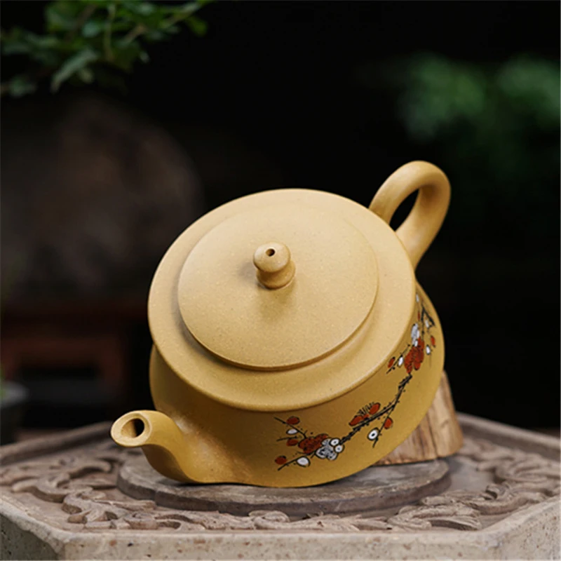 Zisha Segment Mud Flat Xishi Teapot, Clay Plum Blossom Pattern, Handmade Kongfu Tea Pots, New Chinese Mud Ball Hole, 225 cc, 1Pc