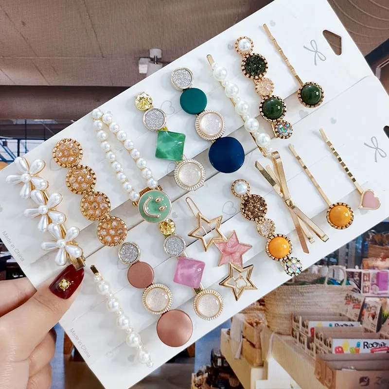 8 Teile/satz Perle Kristall Acryl Haar Clips Set Für Frauen Retro Geometrische Barrettes Haarnadel Mädchen Haar Zubehör Mode Schmuck