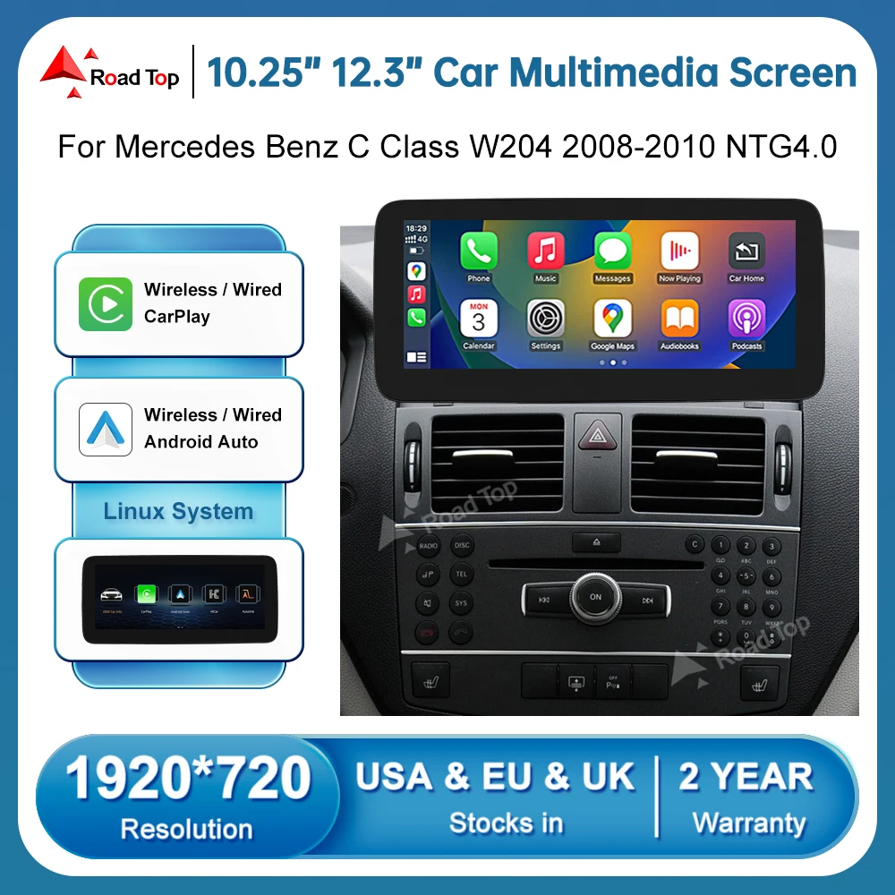 12.3'' Touchscreen Wireless Carplay & Android Auto For Mercedes C W204 NTG4.0 2008-2011 – TFT 1920x720 Linux System