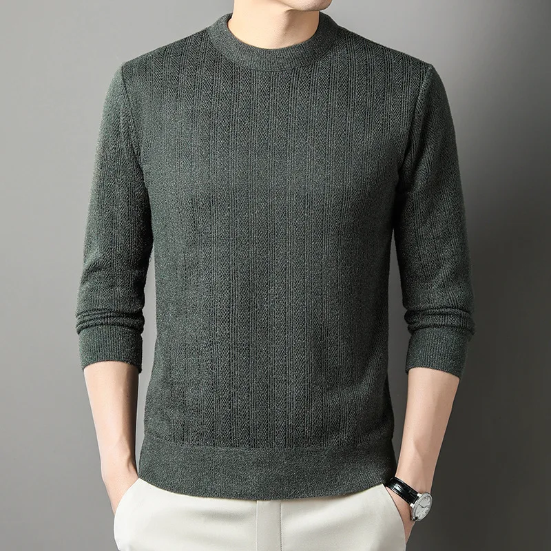 Autumn and Winter Men's Pullover Round Neck Solid Screw Thread Plush Thickened Sweater Knitted Underlay Fashion Casual Tops