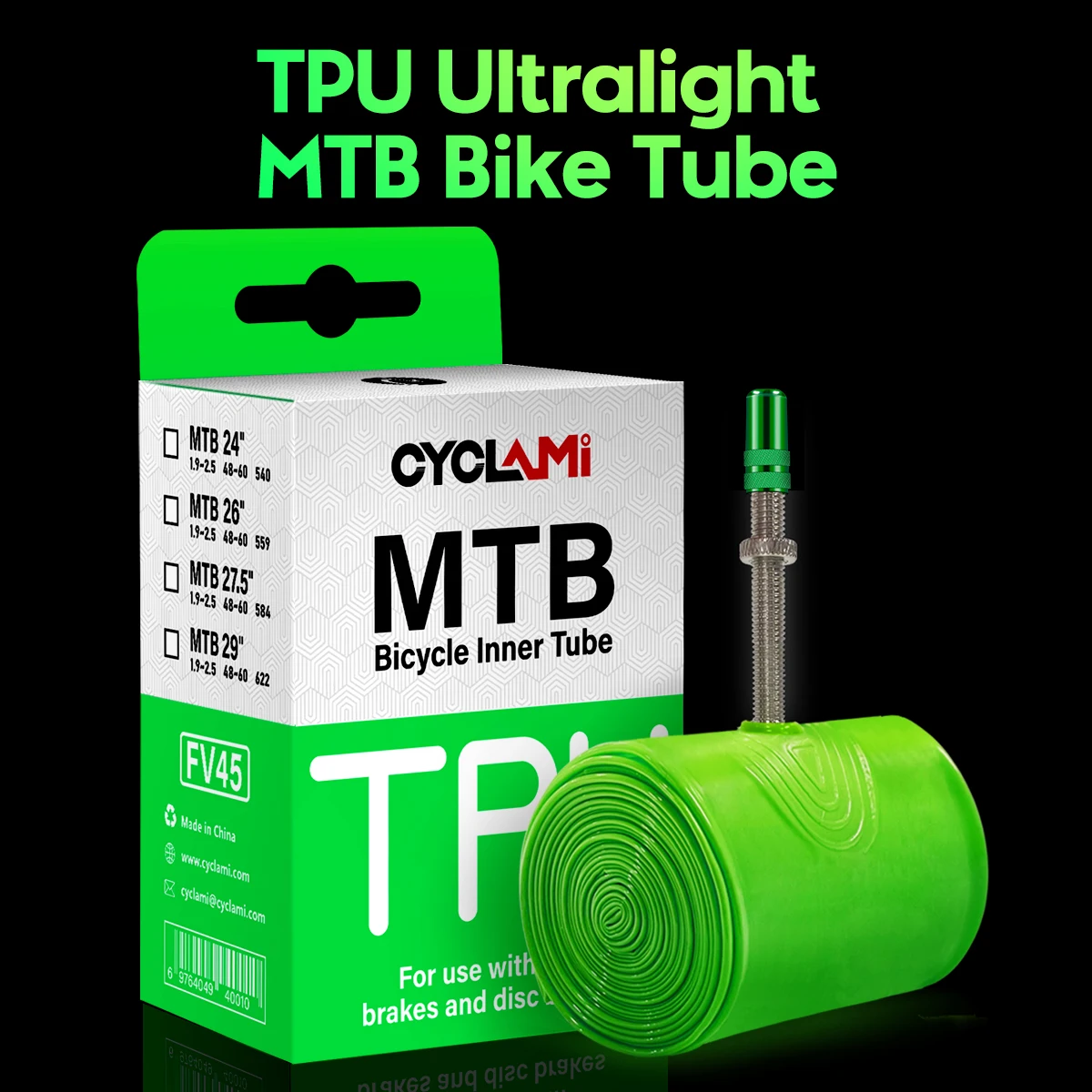 

CYCLAMI Ultralight Bike Inner Tube 26 27.5 29 Inches MTB Bicycle TPU Material Tire 45mm French Valve Super Light Anti-Oxidation
