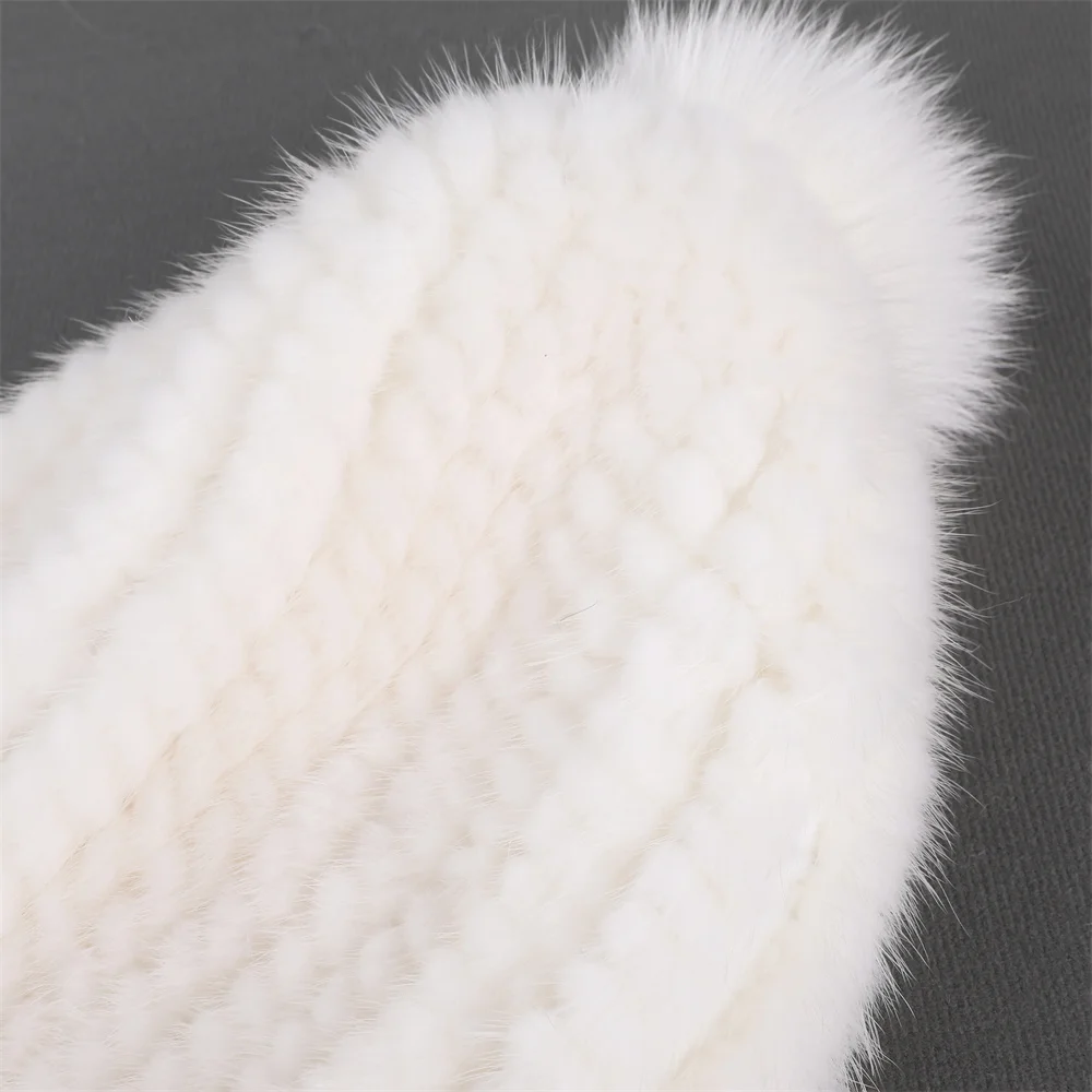 Winter-Trapper-Mütze für Damen, echtes Nerzfell, Strickmütze mit Ohrenklappen, Fuchspelz, Bommel, warm, weich – Detail 21