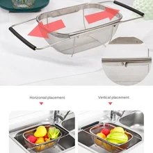 

Retractable Drain Basket Kitchen Stainless Steel Basket Rubber Grip Handles Oval Colander Sink Vegetables Draining Rack Storage