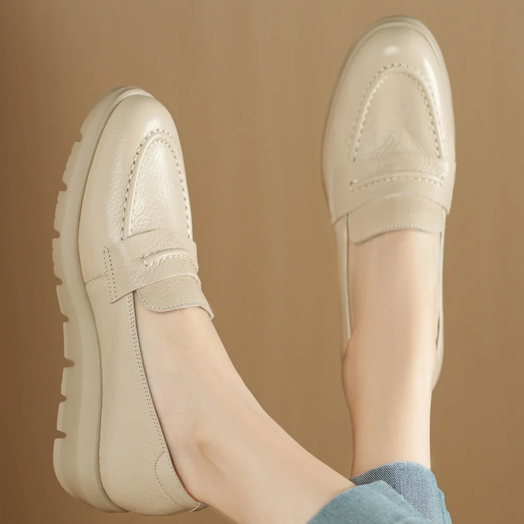 Women's sheepskin round toe slip-on thick sole platform flats loafers high quality soft comfort casual female daily moccasins 40