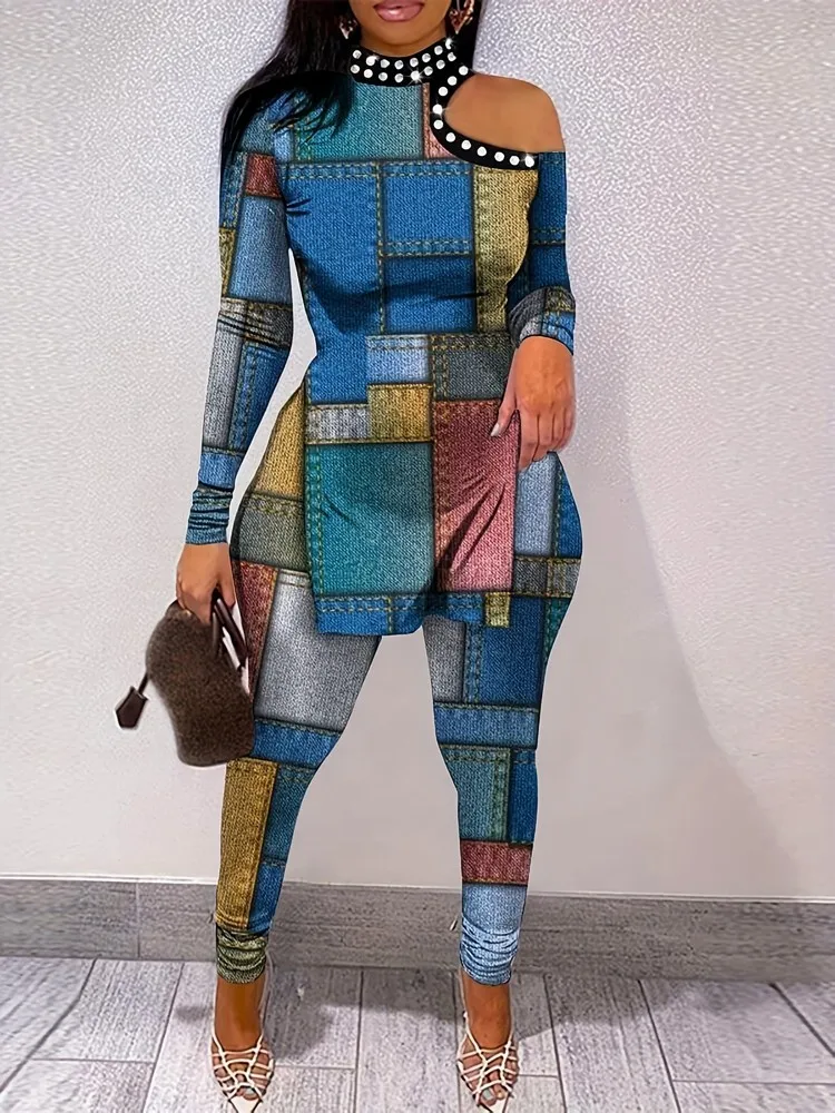 

Aesthetic Printed Off Shoulder 2 Piece Outfits For Women Sexy High Neck Split Hem Top + Long Leggings Lounge Suits Matching Sets