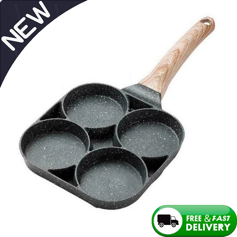 4 Hole Omelet Pan For Burger Eggs Ham Pancake Maker Wooden Handle