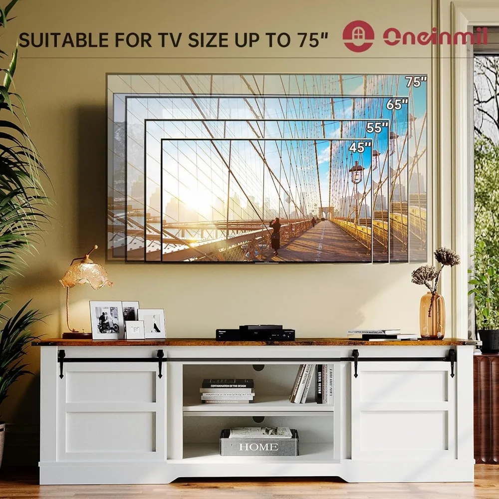 Modern Rustic Entertainment Center with Sliding Barn Door and Storage Cabinets, Metal Media TV Console,66” Farmhouse TV Stand 3