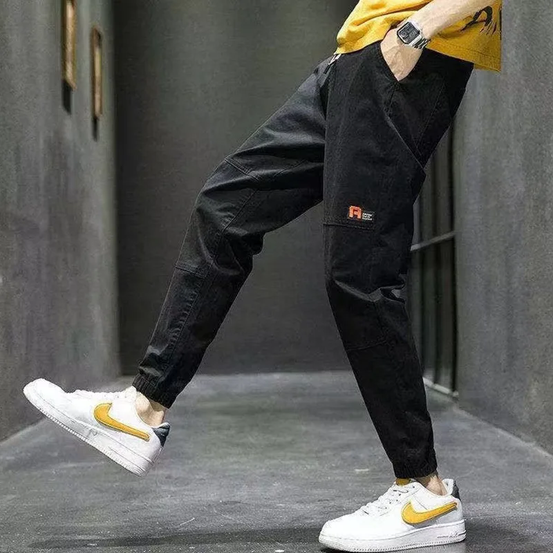 Loose All-match Thin Style Men Spring Solid Color New Breathable Bound Feet Thread Closure High Street Fashion Casual Trousers