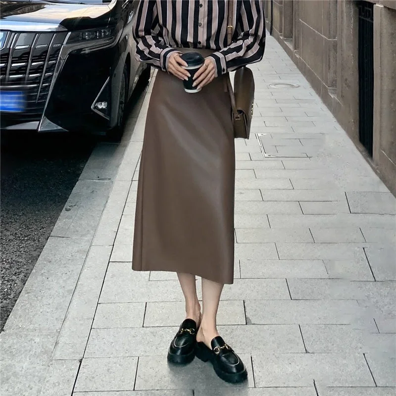 

Black Elegant Midi Skirts for Women Fall Winter Trendy High Waisted A Line Business Casual Leather Skirt with Slit Streetwear