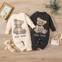 Hey Baby Spring and Autumn New Newborn Babies for Boys and Girls Plaid Patch Bear Long Sleeves Can Open One-piece Romper Clothes 1