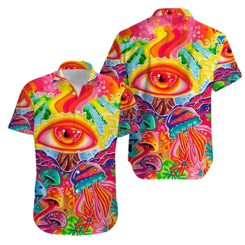 thumbnail image 1 of Camisa hawaiana con estampado 3D de hongos mágicos para hombre, blusa con patrón psicodélico de arcoíris, camisas hawaianas de manga corta con solapa suelta de verano, 1 of 5