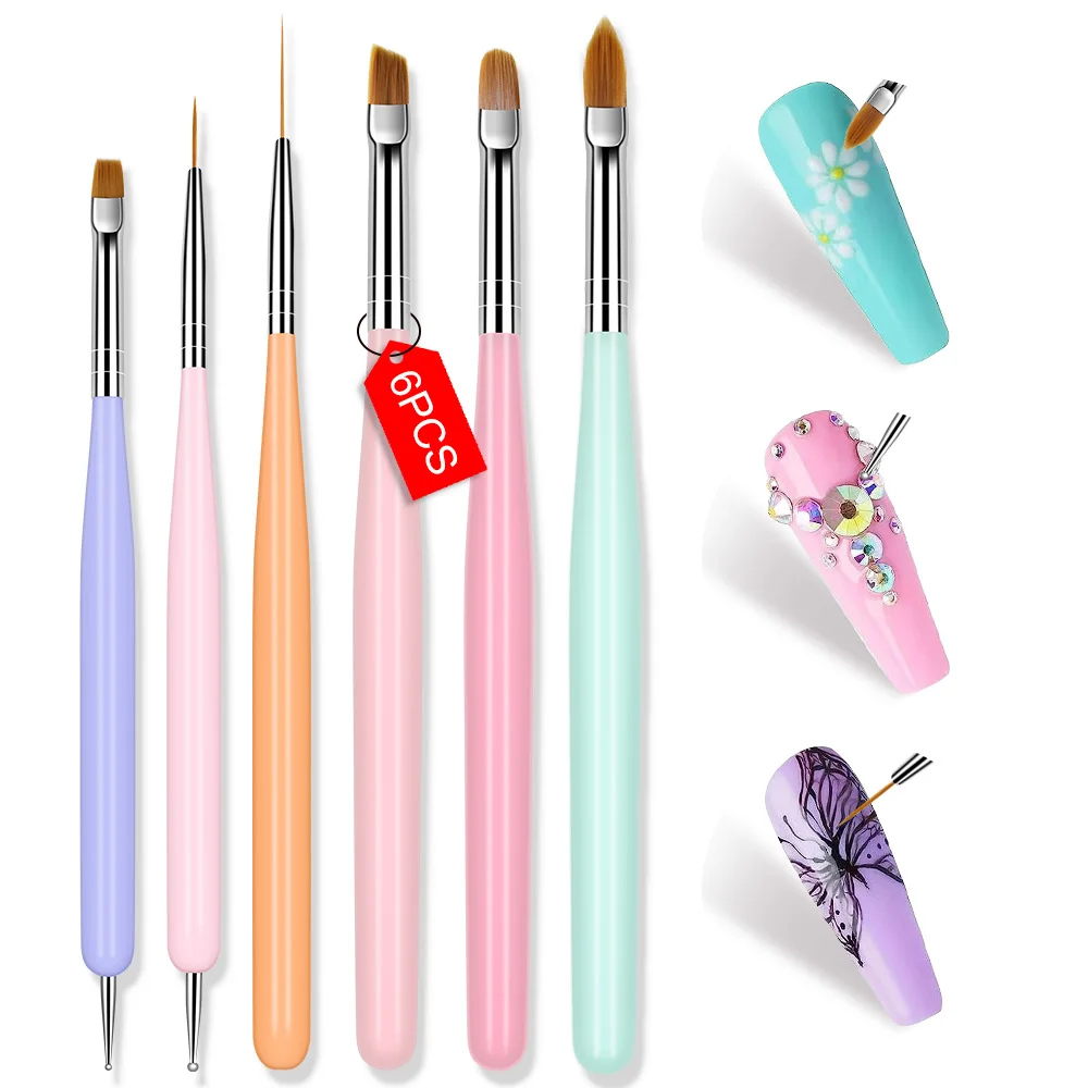 LIMEGIRL 6 Set Macaron Color Nail Brush UV Gel Acrylic DIY Nail Art Uchimura Brush Kit Extended Painting Art Kit Tools