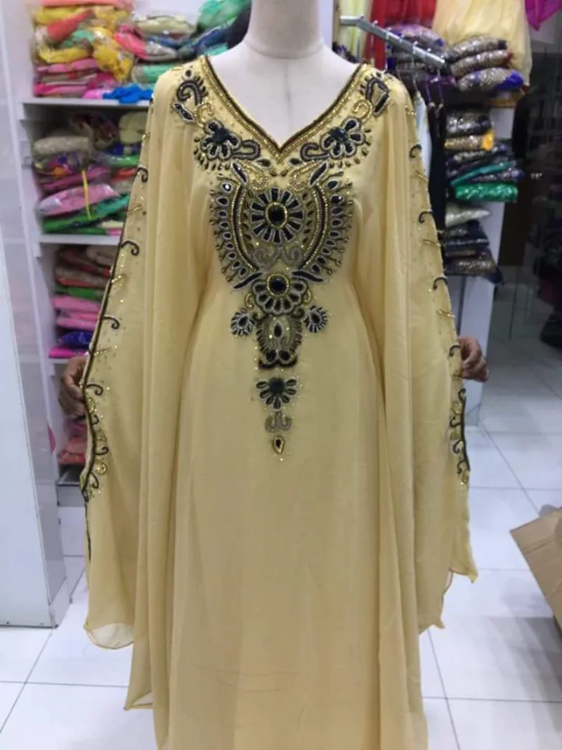 

Women Exquisite Long Sleeve Dress Moroccon Georgette Dubai Gown Farasha Robe Indian Dress Women