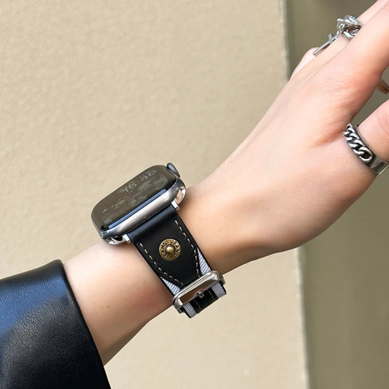 애플 워치용 청바지 리벳 가죽 밴드, 데님 가죽 컬러 매칭 팔찌, iWatch9 4 5 6SE 스트랩, Ultra2 1, 49mm, 45mm, 41mm