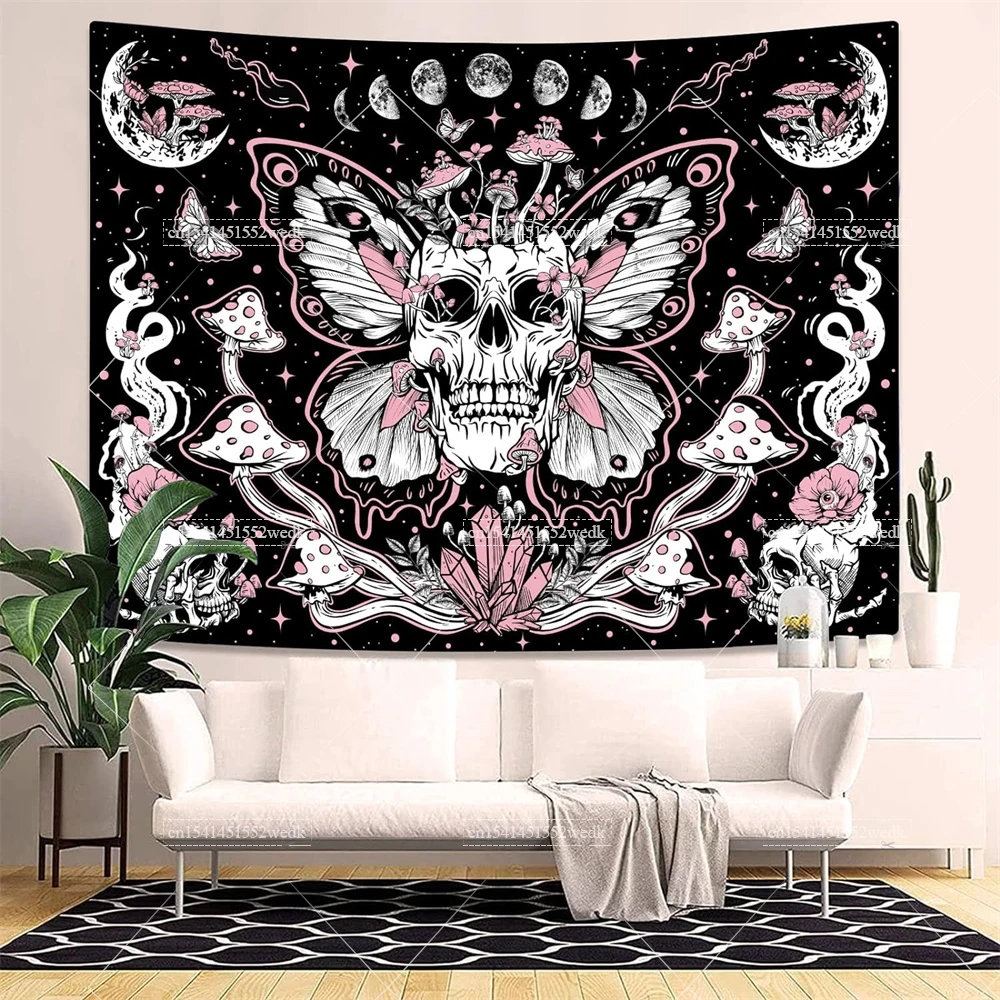 Tapisserie murale esthétique avec lune et étoiles, décoration de la maison, modules de chambre plus lents, crâne floral, leton, gothique, papillon de nuit 4