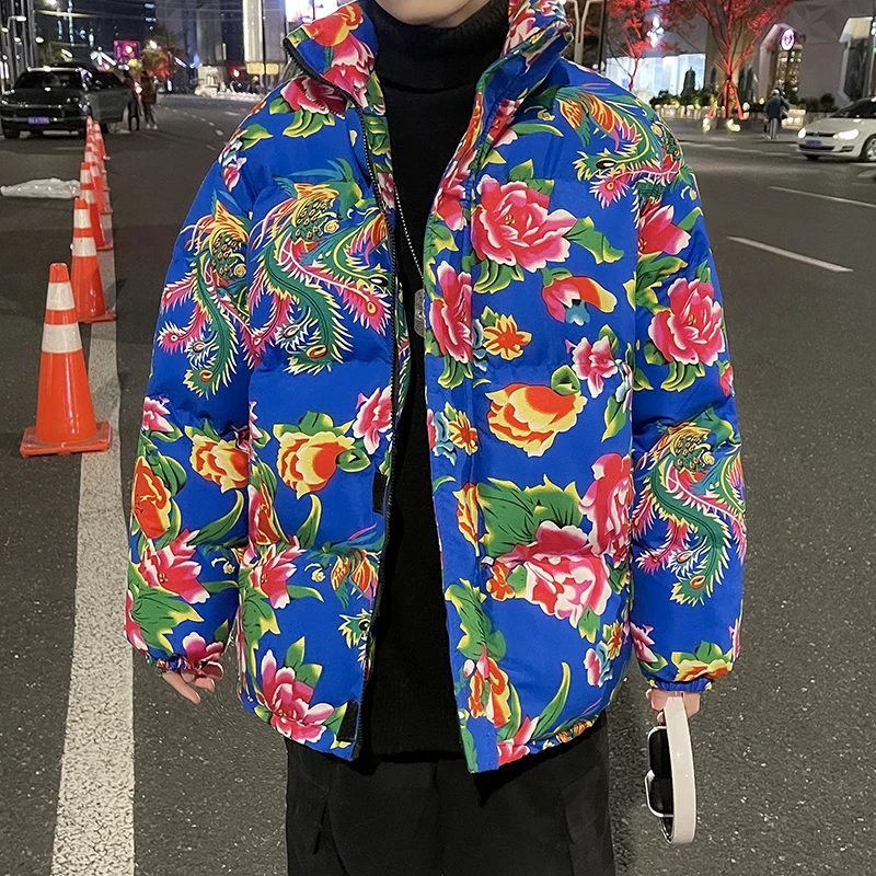 Northeast Big Flower Print Cotton-Padded Coat Men's, Red New Year Flower Coat Trendy Thickened Pattern Cotton-Padded Coat