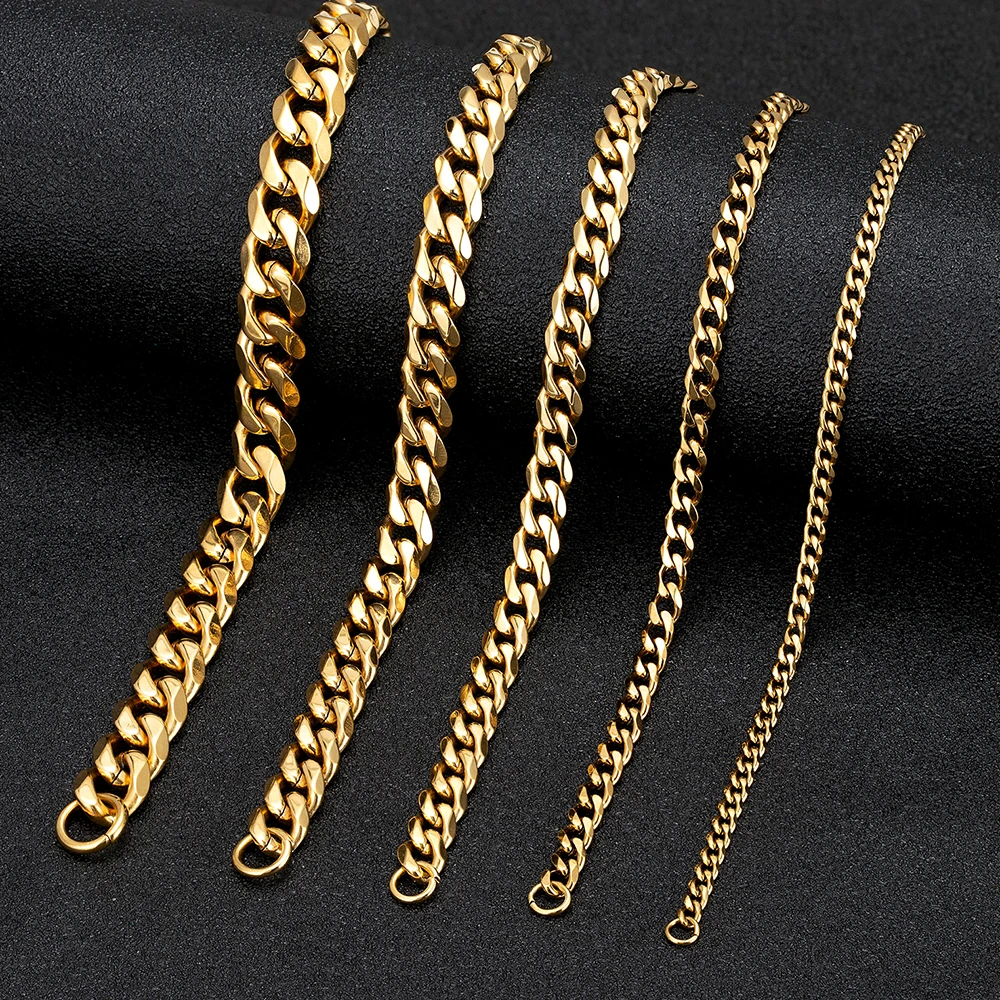 MKENDN Mens Simple 3-11mm Stainless Steel Gold Plated Dainty Curb Cuban Link Chain Bracelets for Women Stacking Jewelry stainless steel bracelet chain bracelet