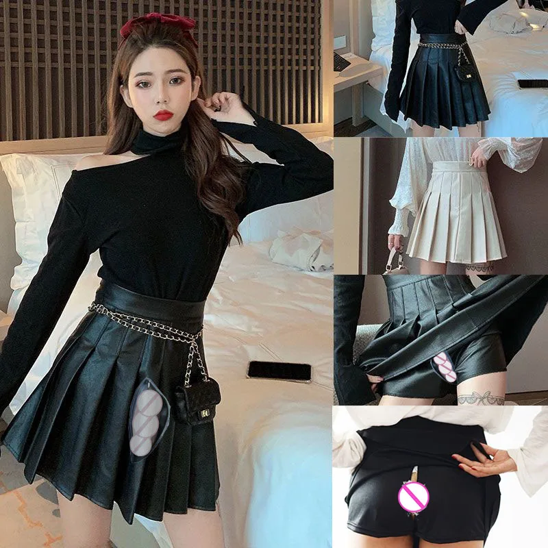 Spring Summer Invisible Open Crotch Outdoor Sex Skort Imitation Leather Pleated Mini Skirt Women's High Waist Vintage Pu Skirt top women s high sense of spring and autumn new fashion elegant zipper pleated gallery shaped bubble sleeve shirt women