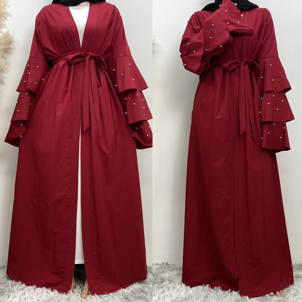 

New Design 2023 Modest Fashion Simple Pearl Kimono Red Open Abaya Muslim Islam Clothing New Model Abaya Dubai Flare Sleeve Dress