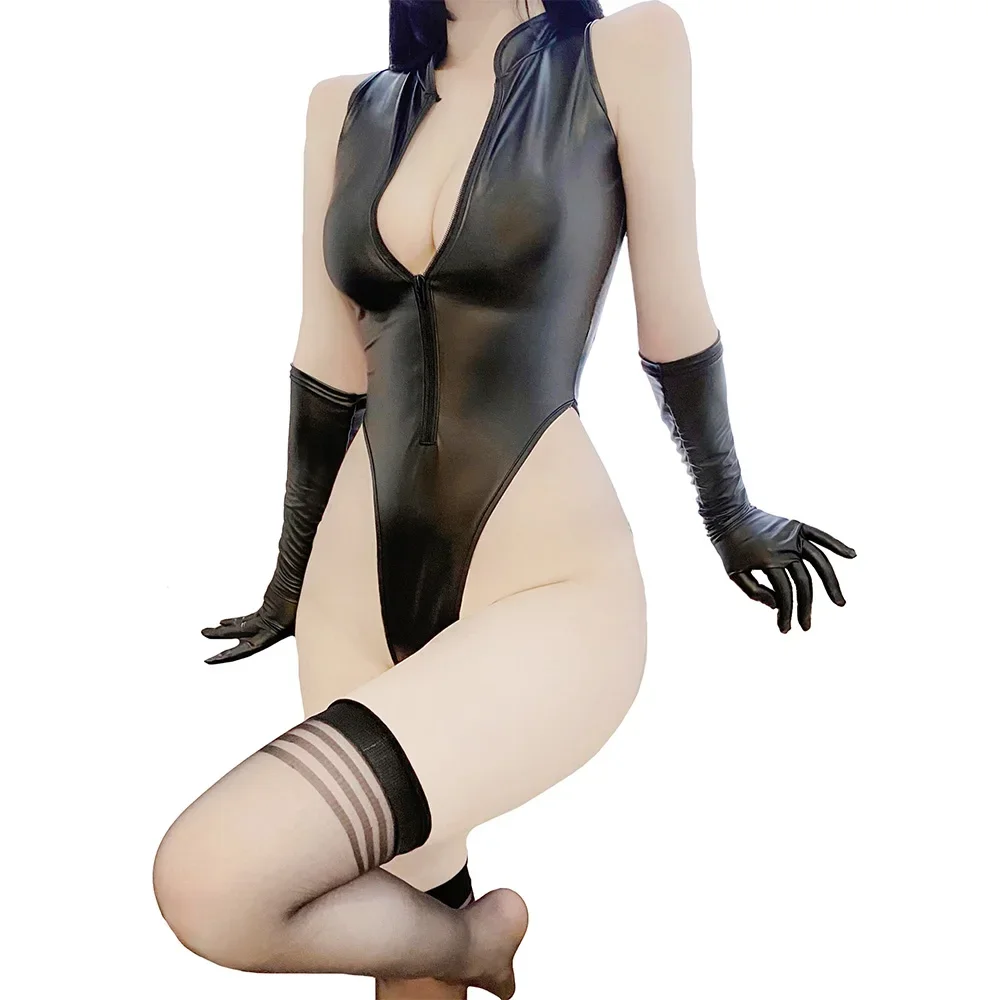 

Women Sexy Black Leather Hight Cut Bodysuits+Stockings+Gloves Sets Cosplay Catsuit Female Exotic Night Clubwear Zipper Leotards