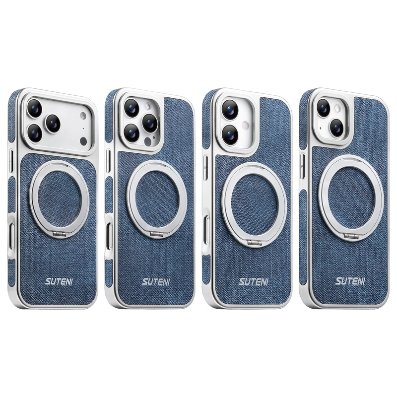 Fashion Magnetic Denim Pattern PU Leather Phone Case with 360° Rotating Ring Bracket