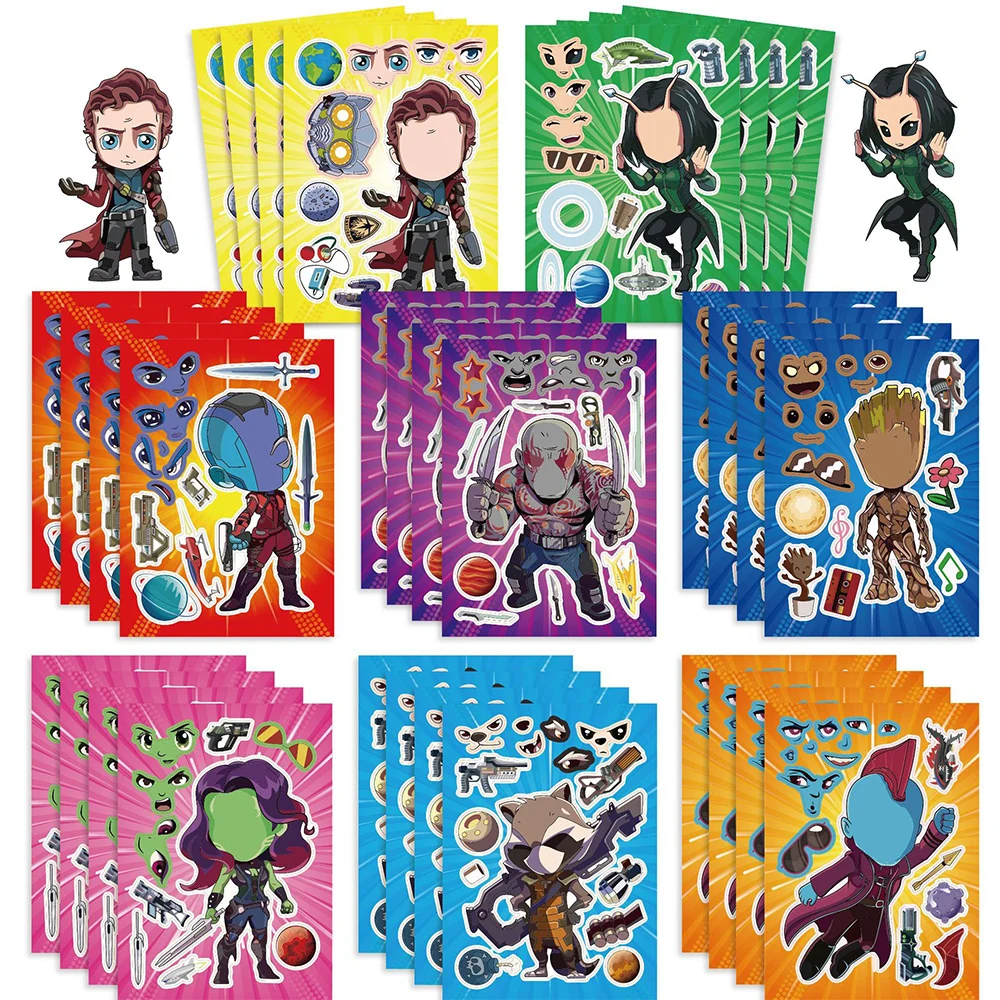 8/16Sheets Disney Marvel Guardians of the Galaxy Anime Puzzle Stickers for Kids Make-a-Face Assemble Jigsaw DIY Educational Toys lego marvel 76217 mein name ist groot guardians of the galaxy 2 minifigur