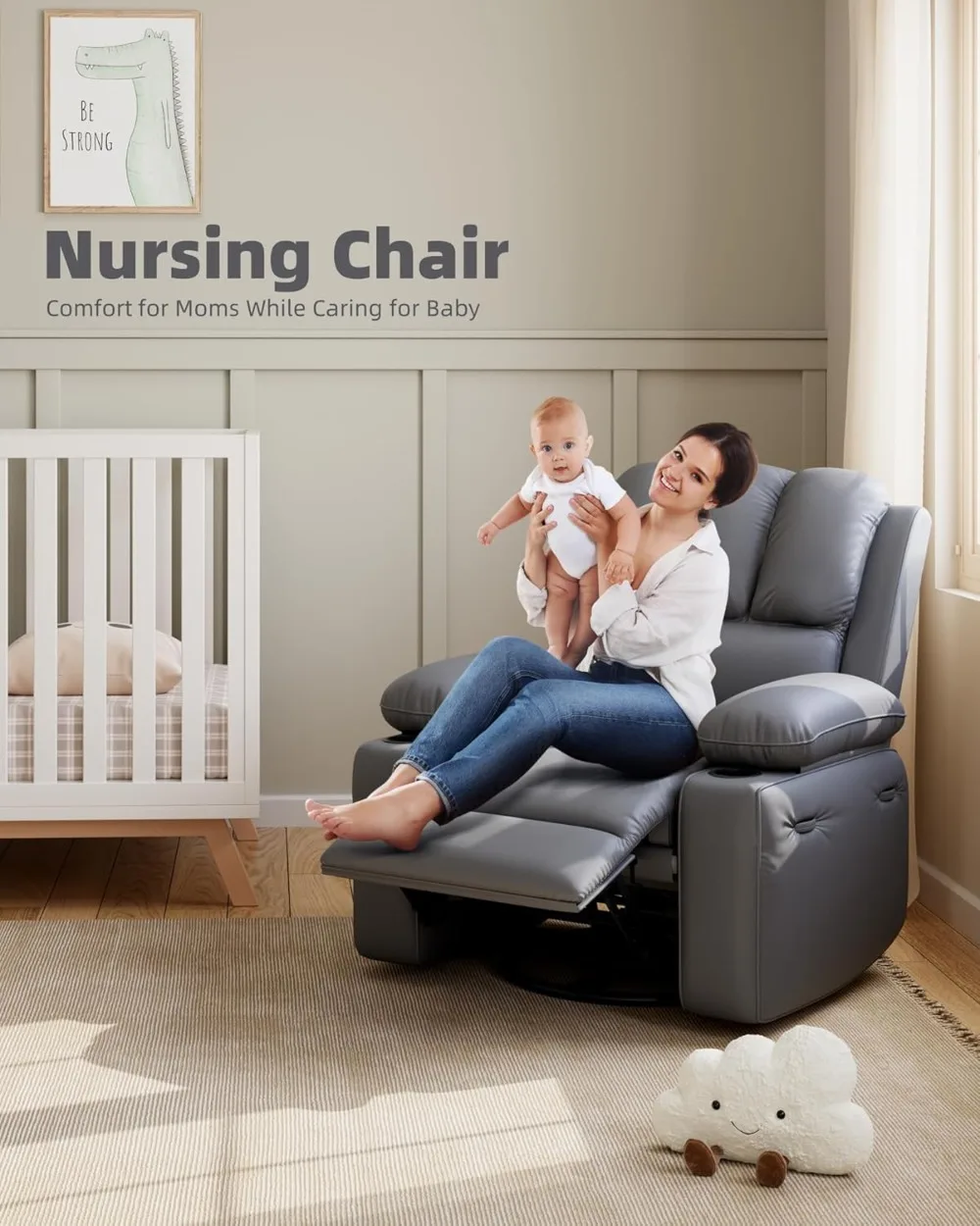 Manual Recliner Chair, Oversized PU Leather Sofa, Comfy Armchair for Living Room Bedroom Gaming Grey