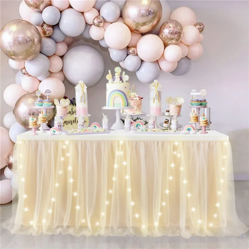 4FT White Tulle Table Skirt with LED Lights Table Cloth for Birthday Party Baby Shower Wedding Bar Home Christmas Decor