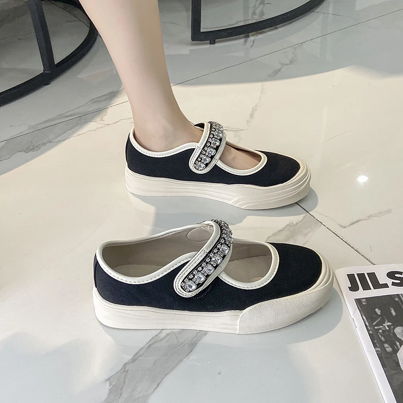 LazySeal Women Flat Crystal Design Round Toe Casual Shoes Hook Loop Canvas Upper Ladies Footwear Summer Breathable Flat Shoes