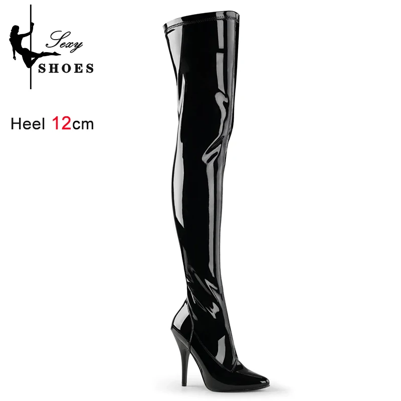 Over-the-Knee Women's Luxury Brand Leather Long Shoes Side Zipper Pointed Toe Black Stiletto Cross Thigh High Boots Plus Size 46