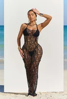 Women 3 Pieces Sexy Beach Bikini Set Backless Hollow Out Hole Knit Long Dress Cover Up+Lace Up Halter Bra Top+Underwear Swimsuit 4