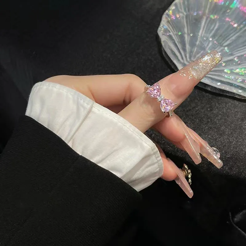 Y2K Pink Crystal Bowknot Zircon Rings for Women Fashion Sweet Lovely Girl Open Adjustable Ring Kpop Party Jewelry Gift 2023
