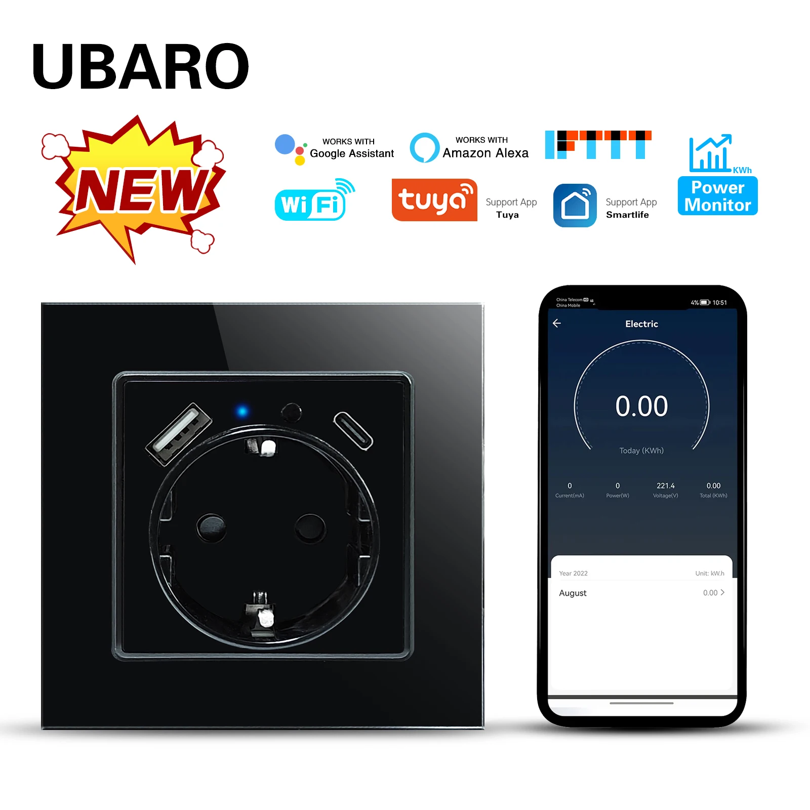 

UBARO EU 86 Type Tuya Wi-Fi Smart Wall Socket Tempered Glass Panel Work With Google Assistant Alexa Alice Voice Monitor Outlet