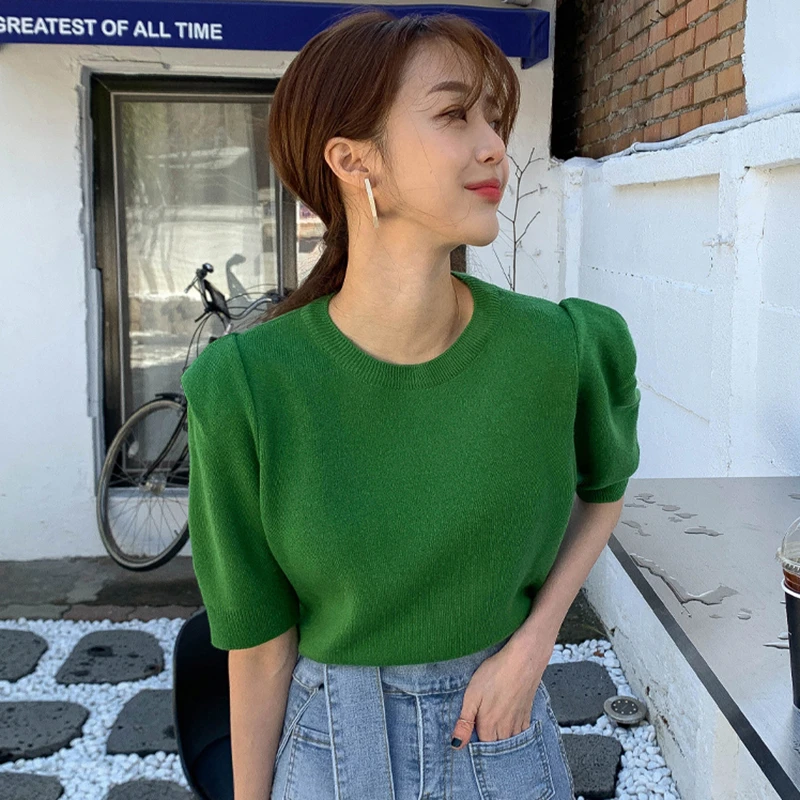 red cardigan Korea chic summer age reduction wild round neck pullover loose thin casual puff sleeve sweater T-Shirt women vintage sweaters